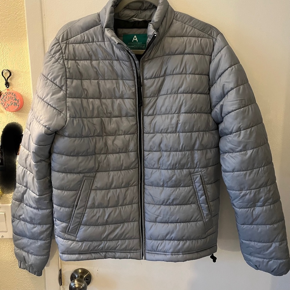 Aeropostale Remixed Down Puffer Jacket Gray Pockets Full Zip Men’s Small